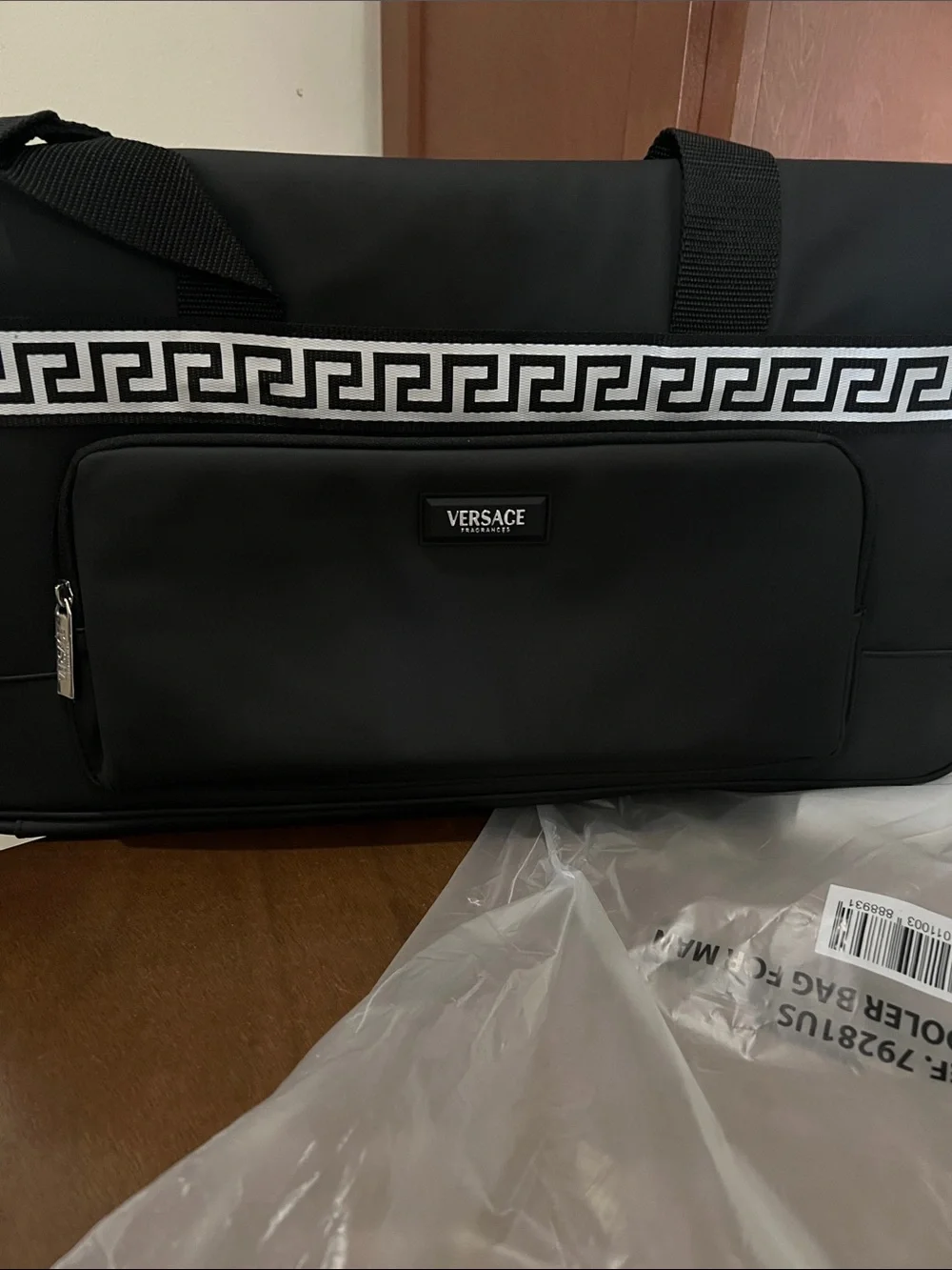 Versace Black Nylon Duffel with Greek Key Trim